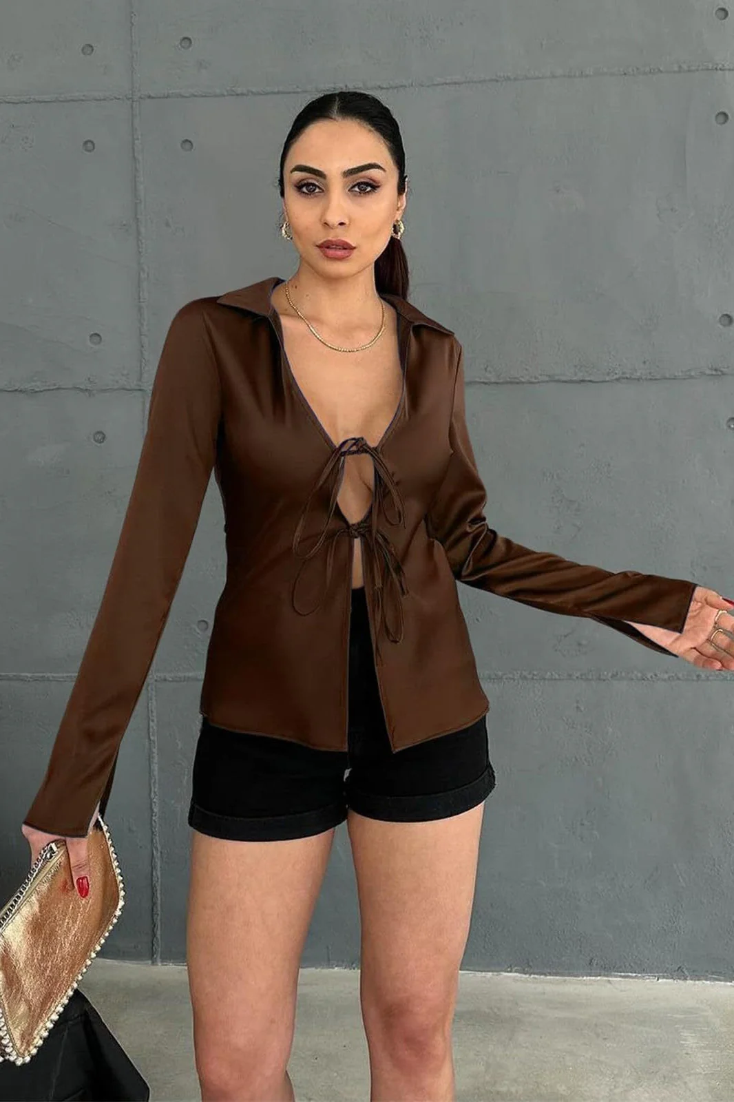 Satin Tie Front Fitted Blouse - Image 8