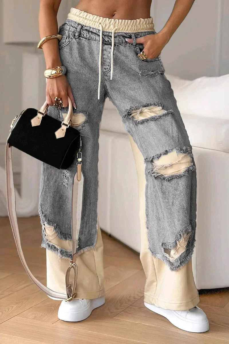 Patchwork Distressed Denim Jeans - Image 2