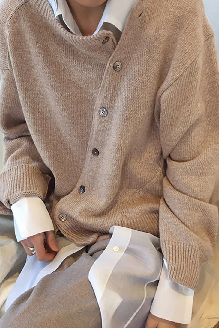 Asymmetrical Button Round Neck Knit Sweater - Image 2
