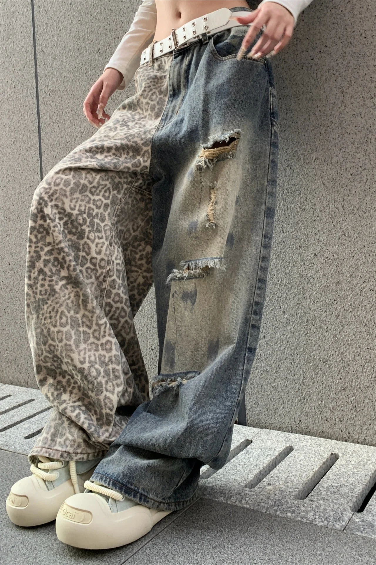 Leopard Print Ripped Wide Leg Jeans - Image 2