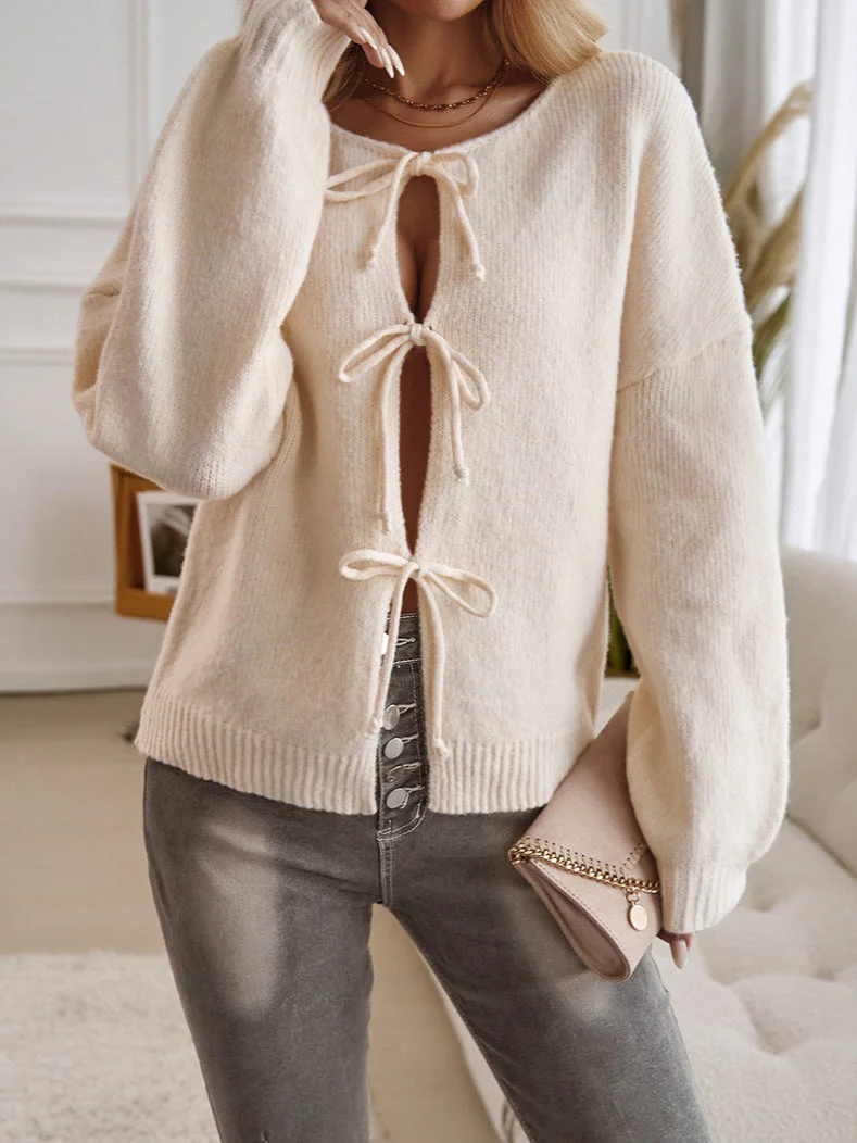 Loose Fit Button-Down Tie-Front Solid Color Sweater - Image 2