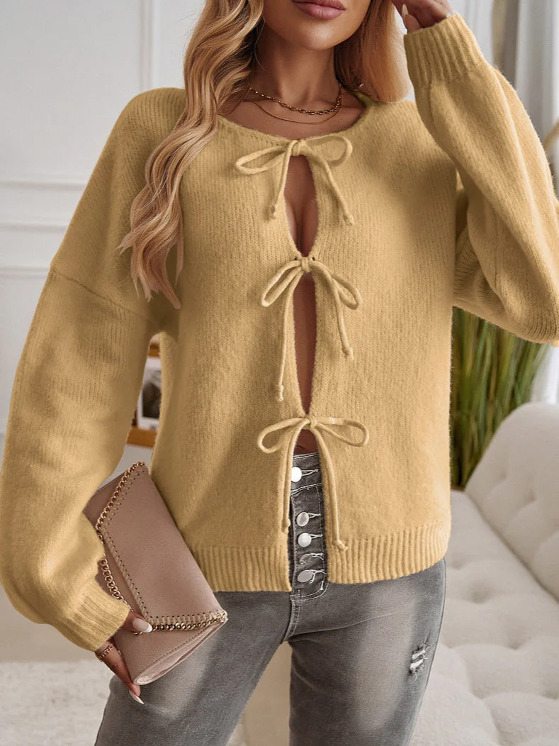 Loose Fit Button-Down Tie-Front Solid Color Sweater - Image 4