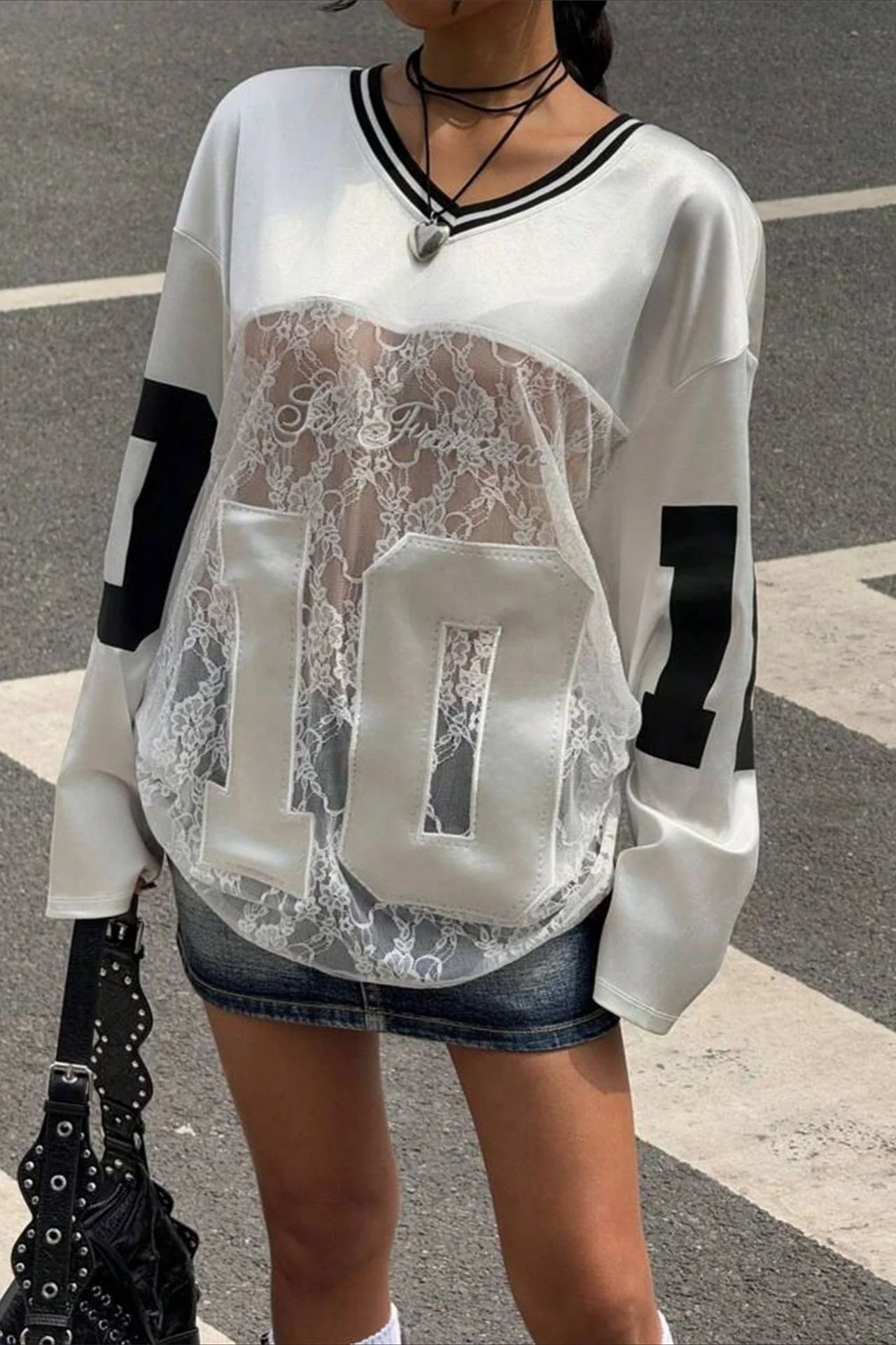 Lace Sheer V Neck Print Sweatshirt - Image 4