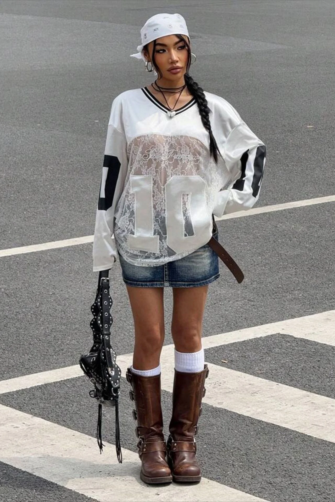 Lace Sheer V Neck Print Sweatshirt - Image 5