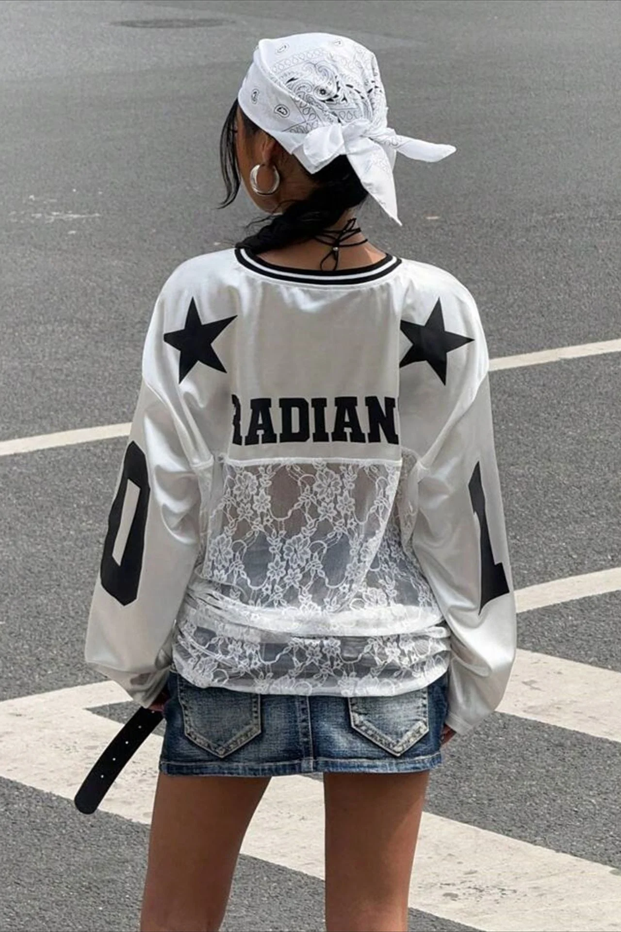 Lace Sheer V Neck Print Sweatshirt - Image 6