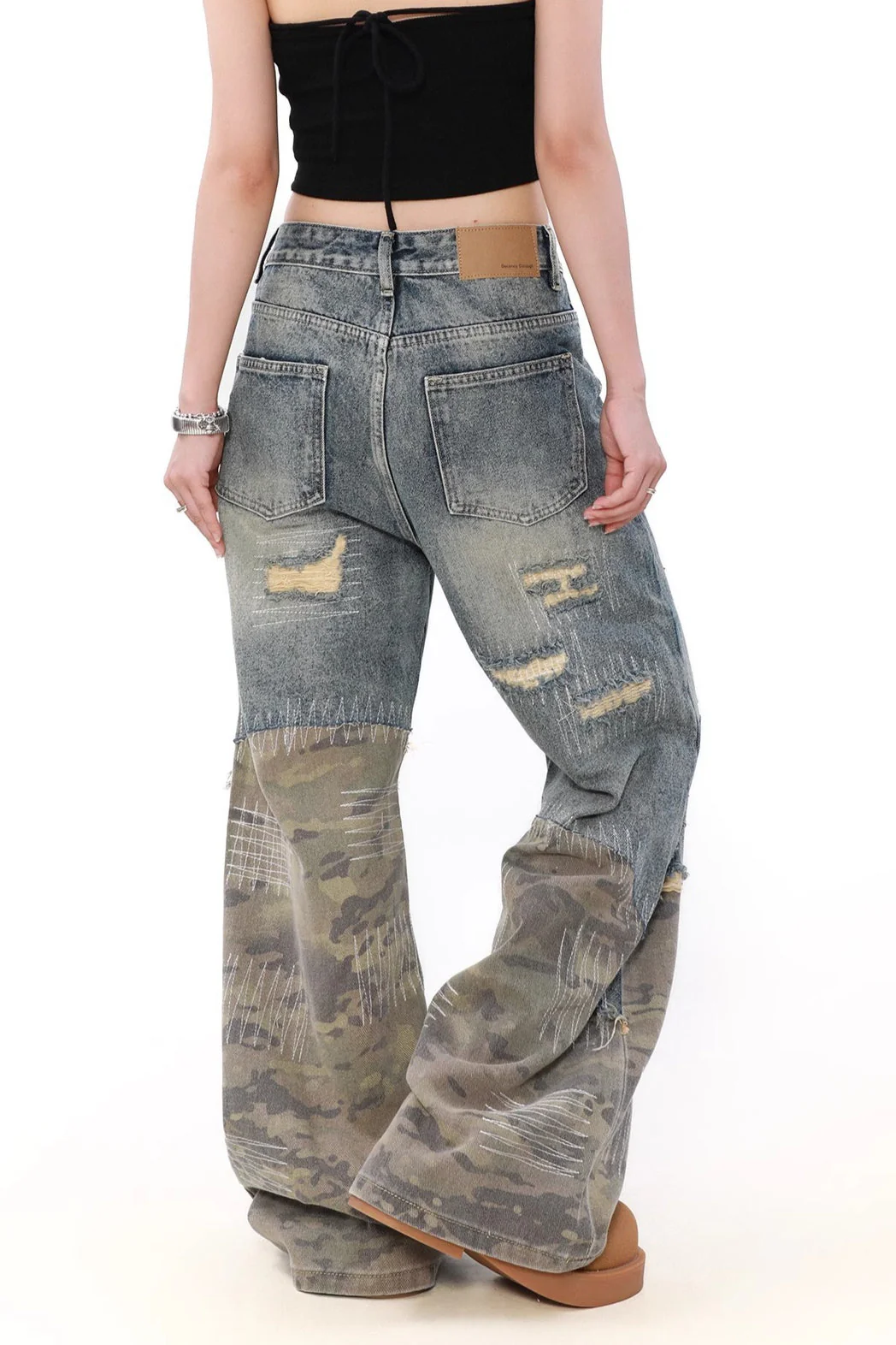 Camouflage Patchwork Distressed Wide Jeans - Image 2