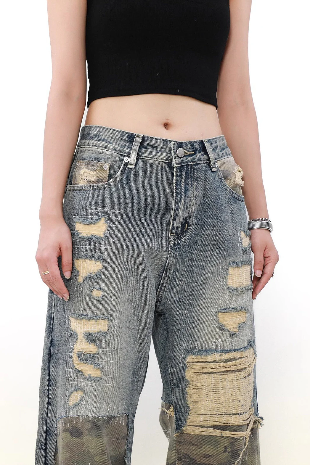 Camouflage Patchwork Distressed Wide Jeans - Image 3
