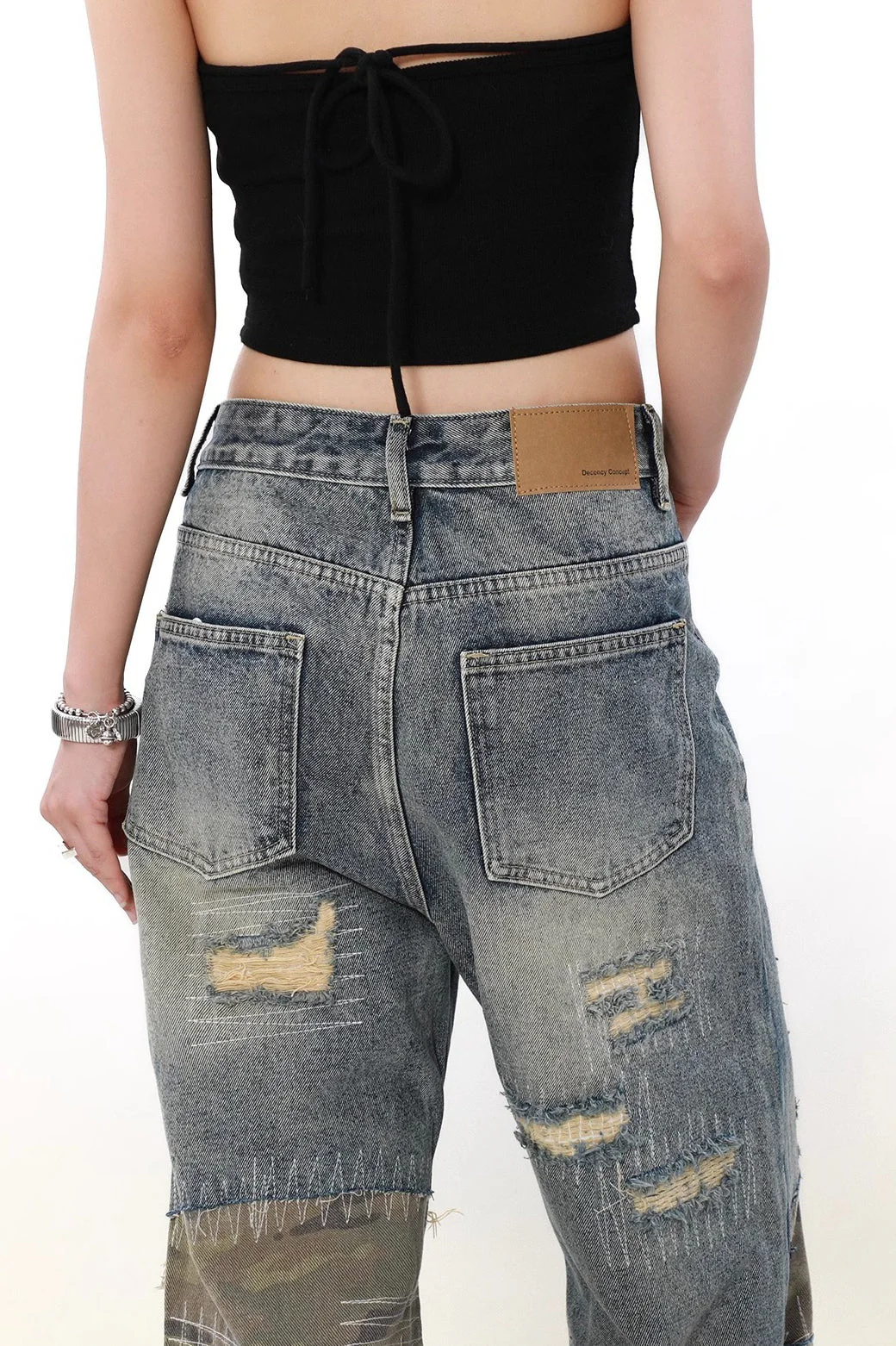 Camouflage Patchwork Distressed Wide Jeans - Image 4