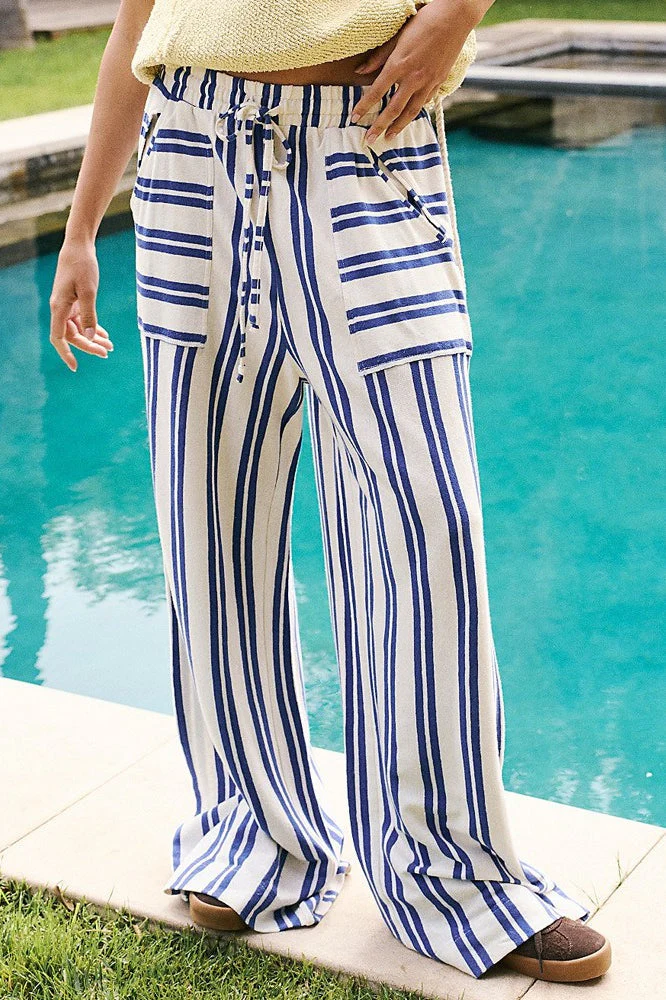 Beach Style Striped Drawstring Wide Leg Pants - Image 3