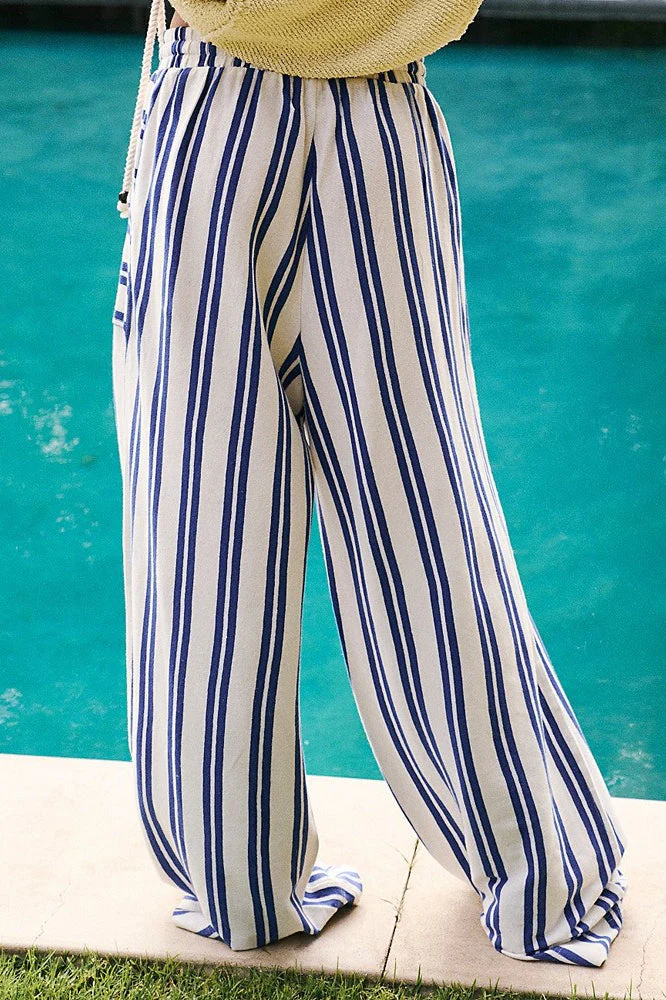 Beach Style Striped Drawstring Wide Leg Pants - Image 4