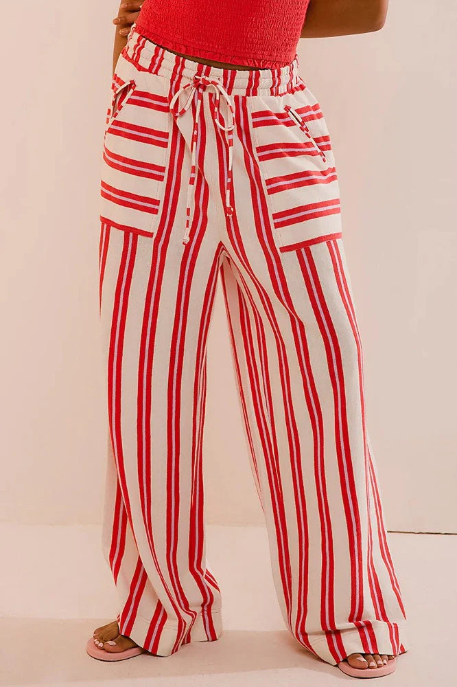 Beach Style Striped Drawstring Wide Leg Pants - Image 5