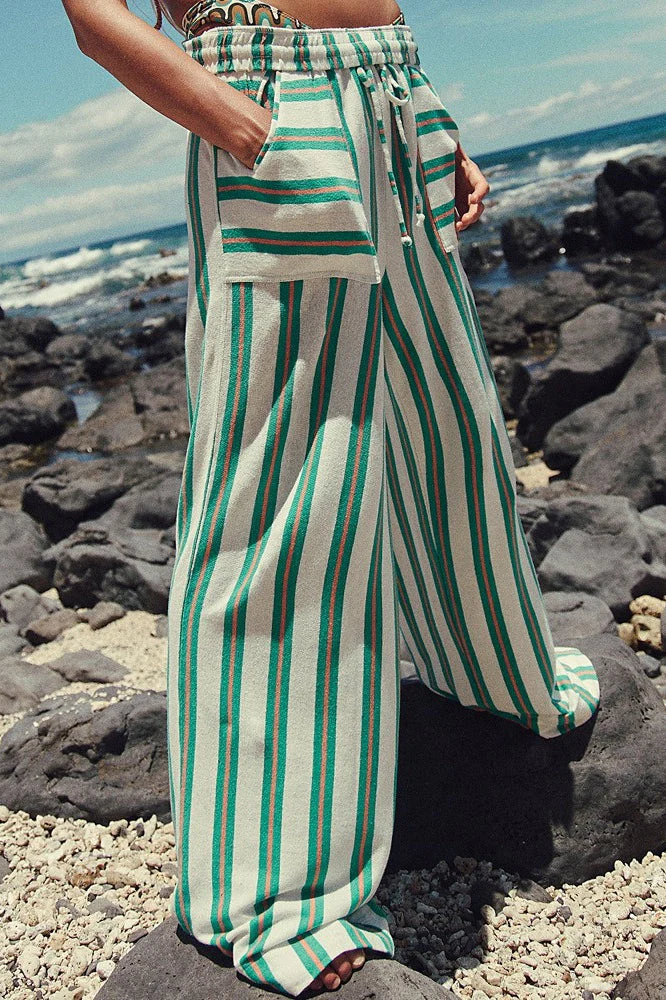 Beach Style Striped Drawstring Wide Leg Pants - Image 8