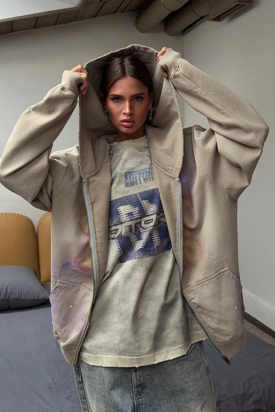 Vintage Street Style Zip Up Hoodie - Image 2