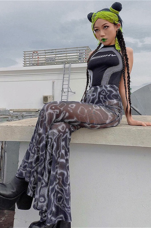 Floral High Waist Mesh Flare Pants - Image 3