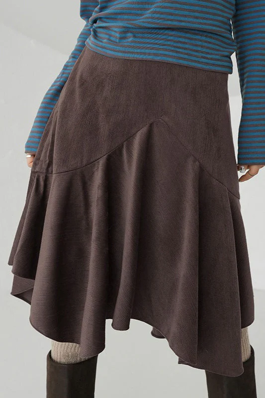Retro Brown High Waist Asymmetrical Skirt - Image 2