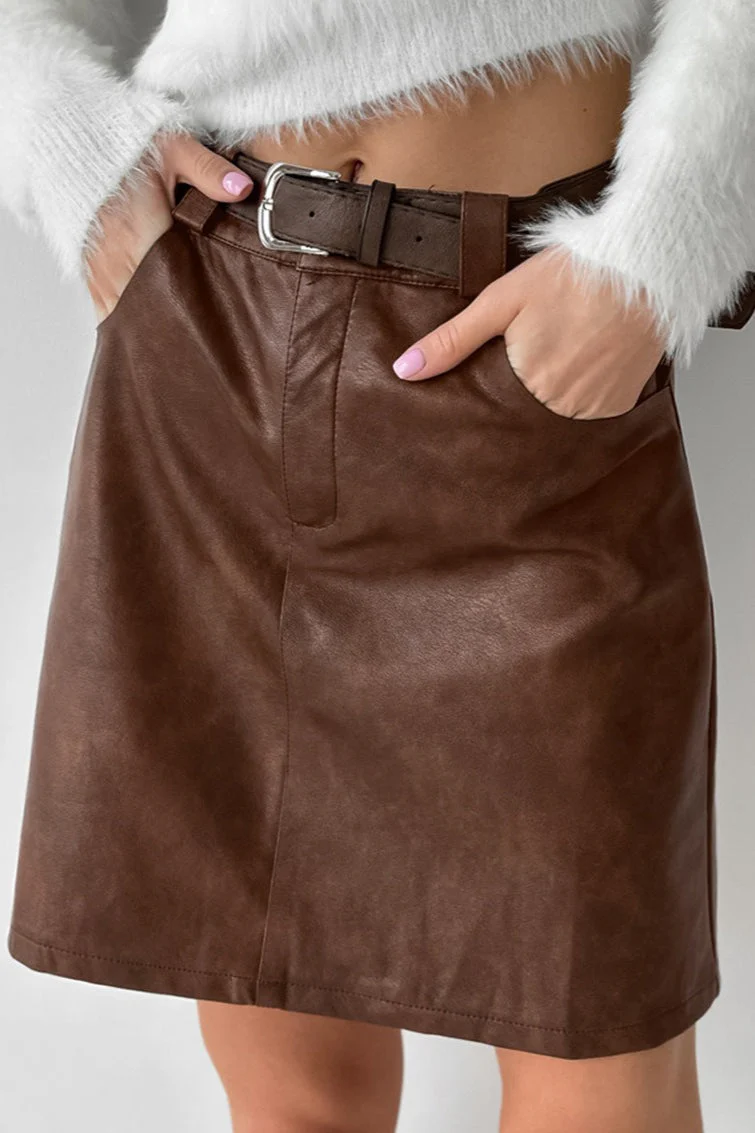 Brown Faux Leather Short Skirt - Image 2