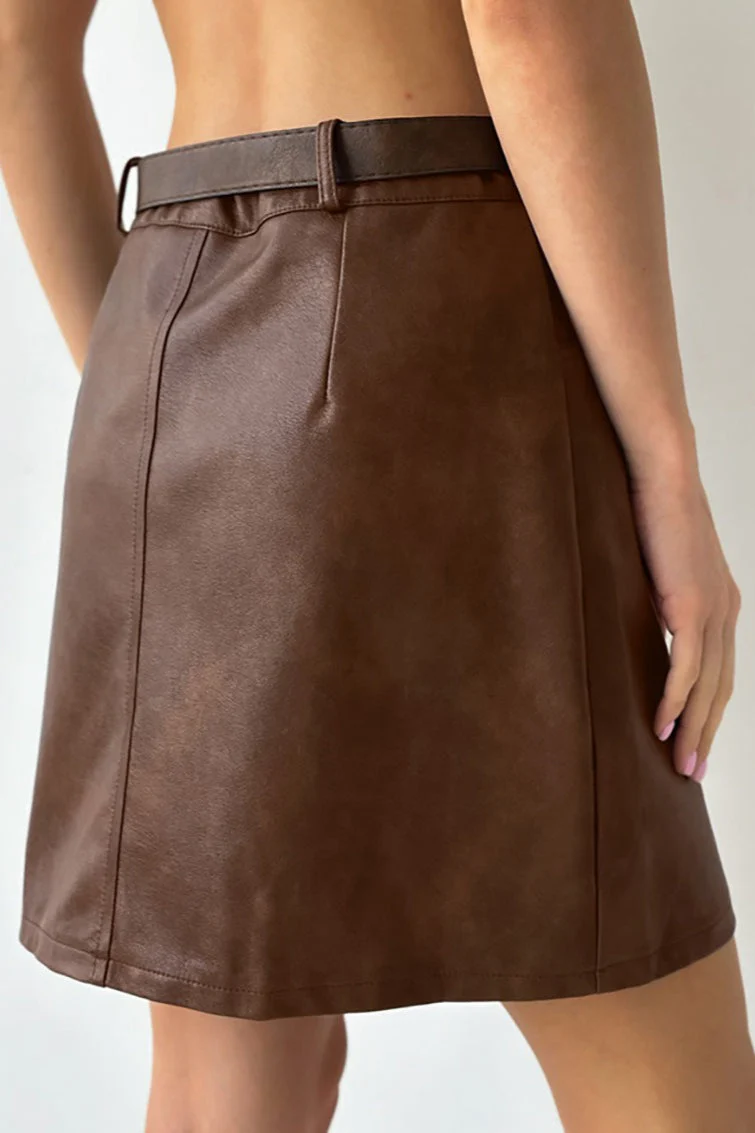 Brown Faux Leather Short Skirt - Image 3