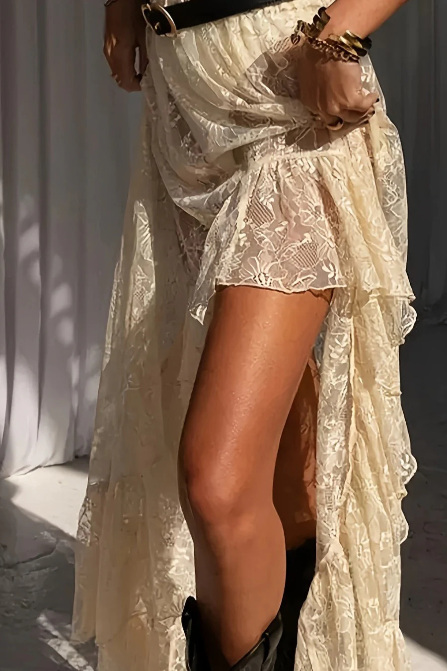 Lace Patchwork Asymmetrical Midi Skirt - Image 2