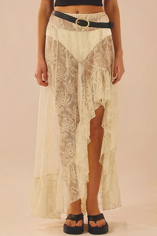 Lace Patchwork Asymmetrical Midi Skirt - Image 3