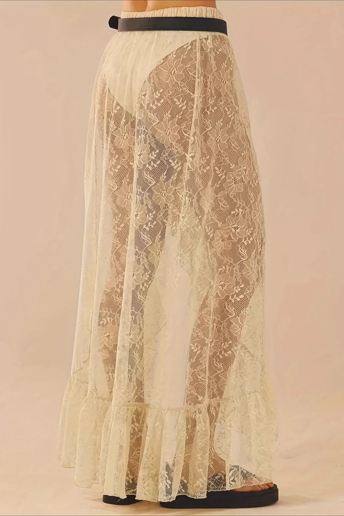Lace Patchwork Asymmetrical Midi Skirt - Image 4