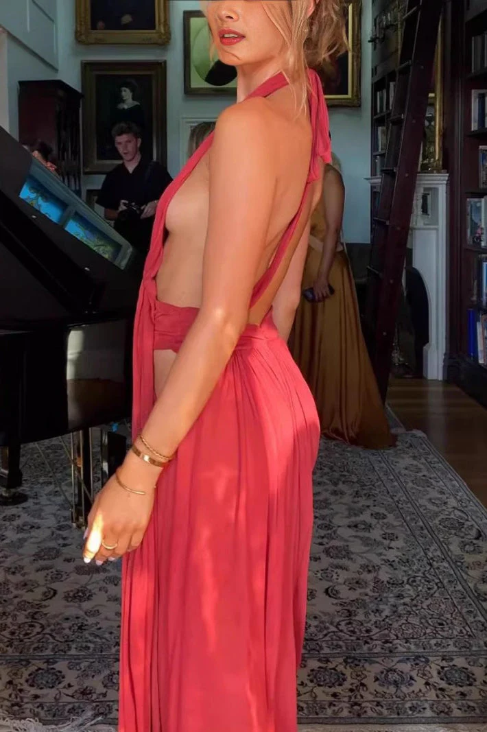 French Sexy Backless Halter V-Neck Maxi Dress - Image 3