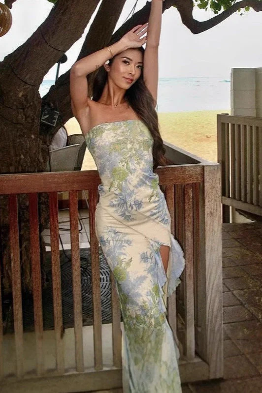 Oil Painting Print Strapless Bodycon Waist-Cinched Split Maxi Dress - Image 4