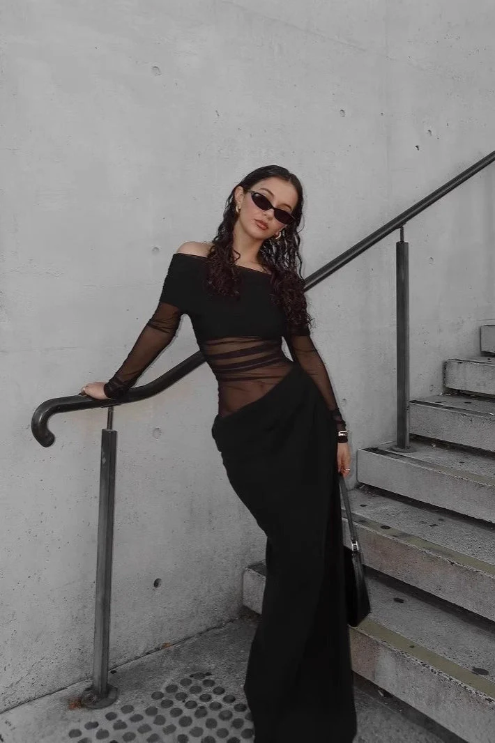 Sexy Off-Shoulder Sheer Bodycon Waist-Exposing Maxi Dress - Image 3