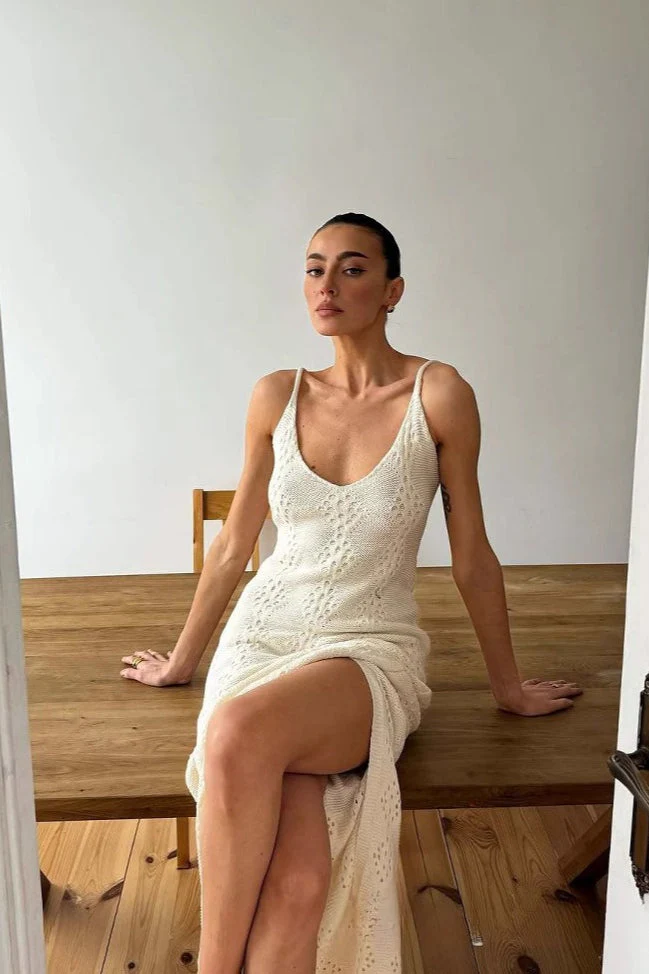 Solid V Neck Split Maxi Dress - Image 2