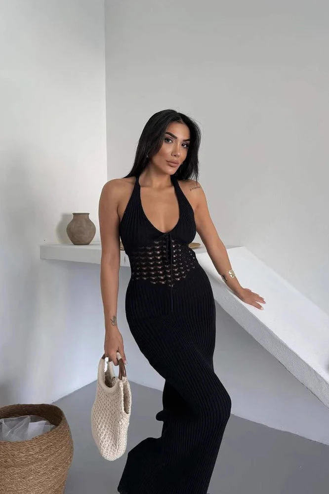 Sheer Halter Backless Maxi Dress - Image 3