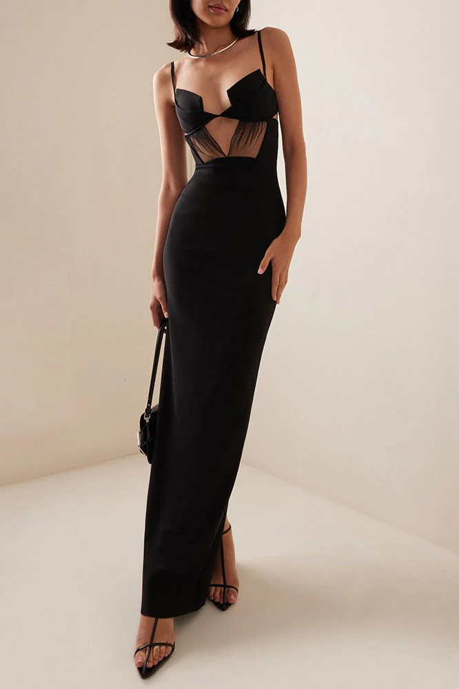 Black Sleeveless Mesh Panel Bodycon Maxi Dress - Image 4