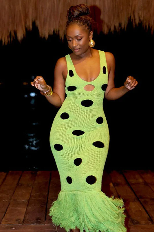 Knit Sleeveless Bodycon Polka Dot Fringe Maxi Dress - Image 3