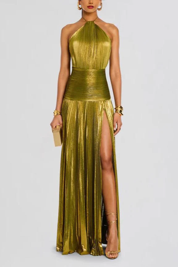 Metallic Pleated Halter Backless Tie Slit Maxi Dress - Image 2