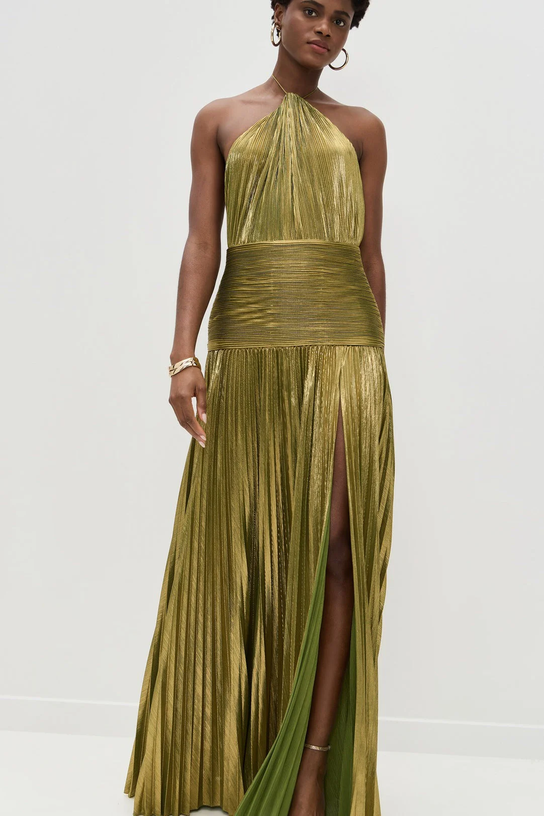 Metallic Pleated Halter Backless Tie Slit Maxi Dress - Image 3