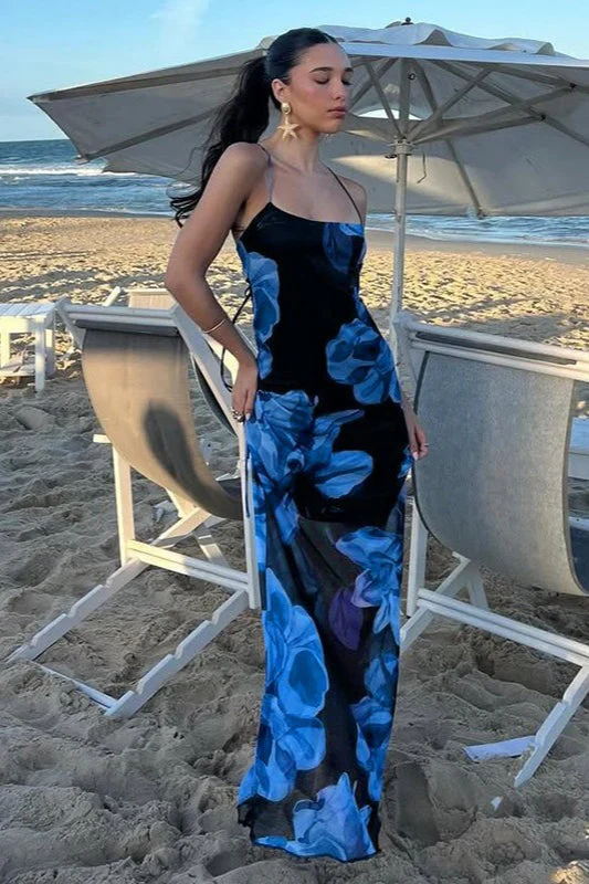 Halter Backless Tie Floral Maxi Dress - Image 3