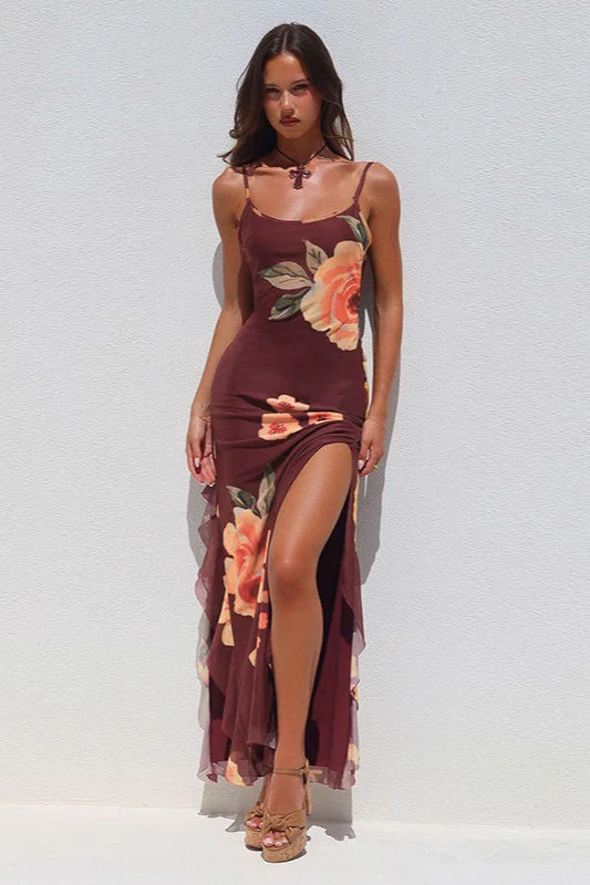 Sexy Floral Mesh Split Backless Maxi Dress - Image 3