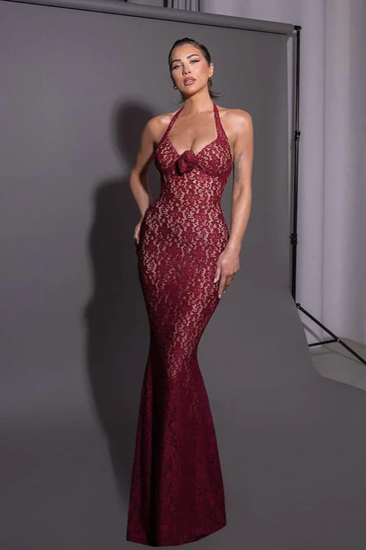 Lace Halter Neck Fitted Bodycon Maxi Dress - Image 3