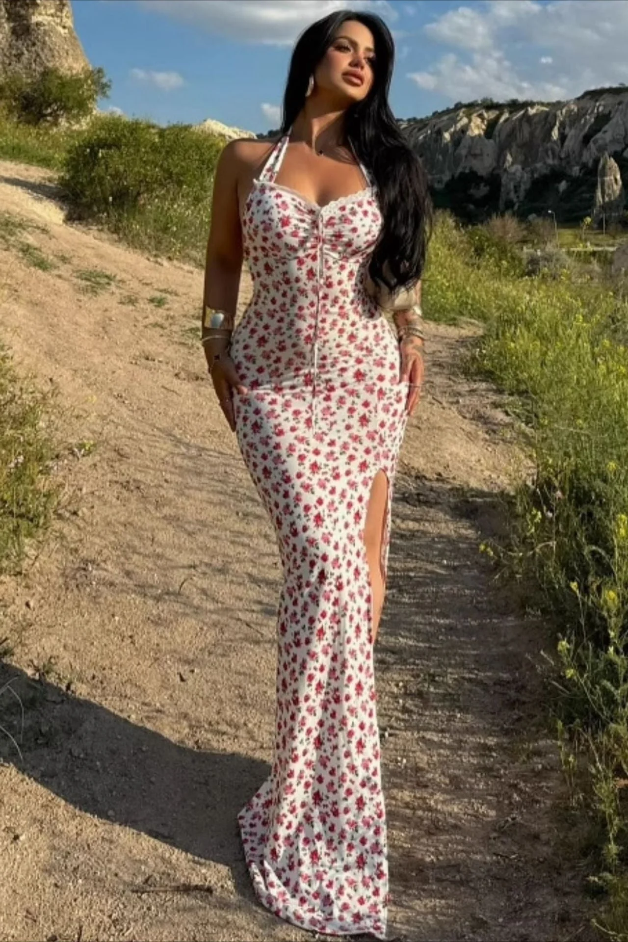Floral Tie-Back Backless Fitted Split Maxi Dress - Image 3