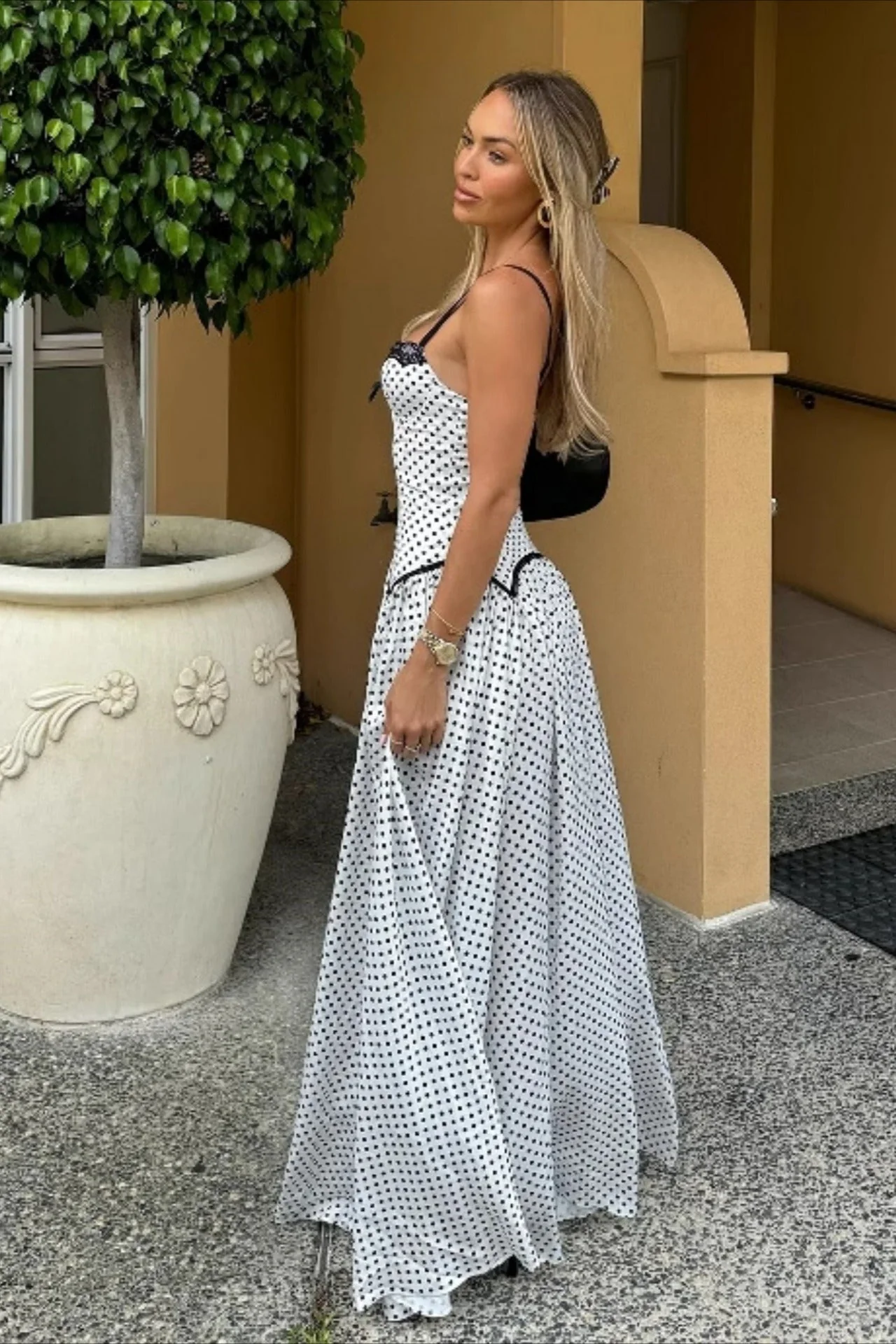 Polka Dot Spaghetti Strap Backless Fitted Bodycon Maxi Dress - Image 3