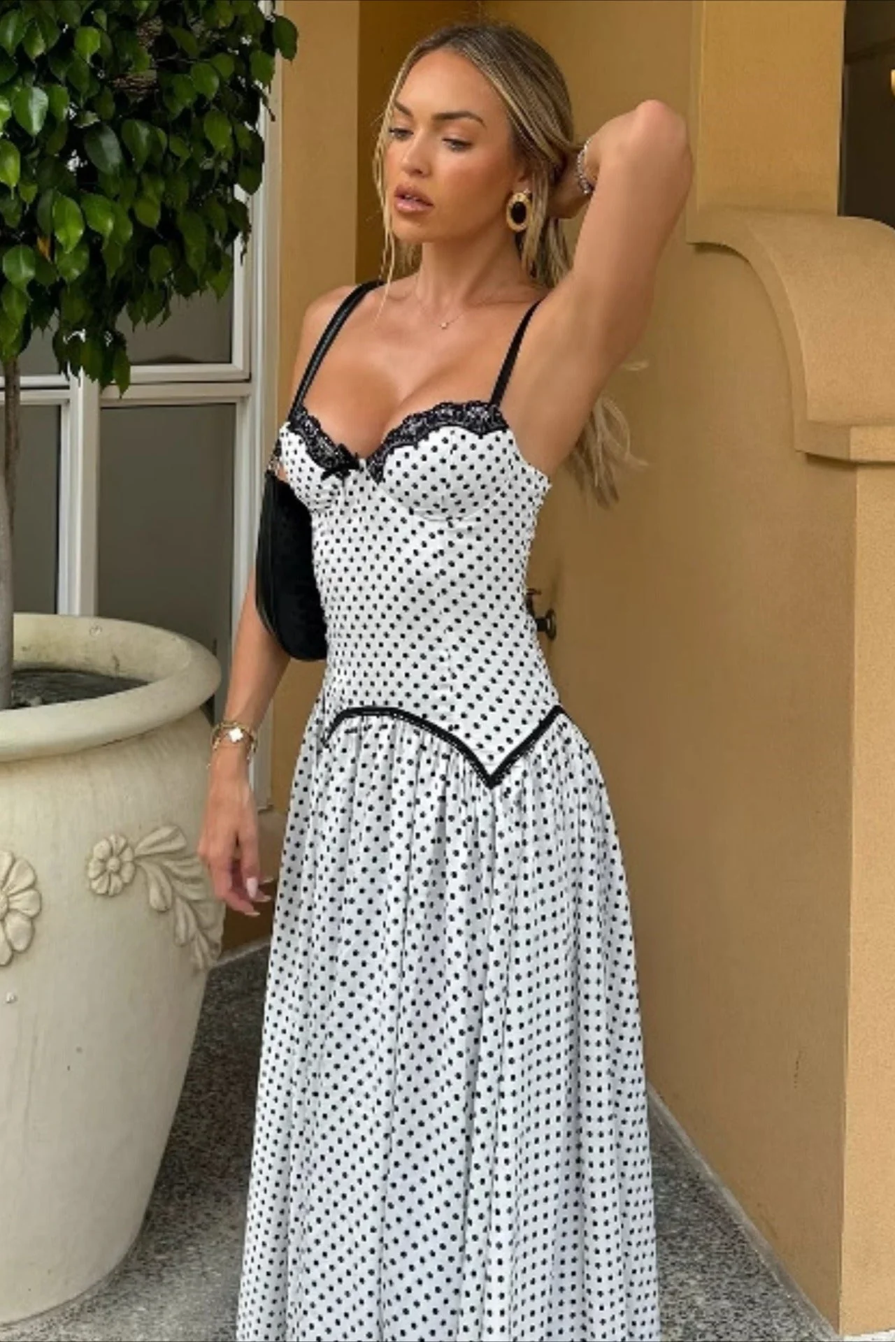Polka Dot Spaghetti Strap Backless Fitted Bodycon Maxi Dress - Image 5