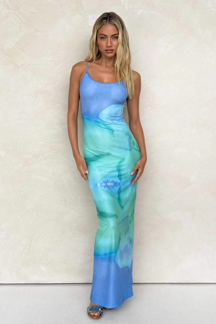 Gradient Floral Spaghetti Strap Fitted Bodycon Maxi Dress - Image 3