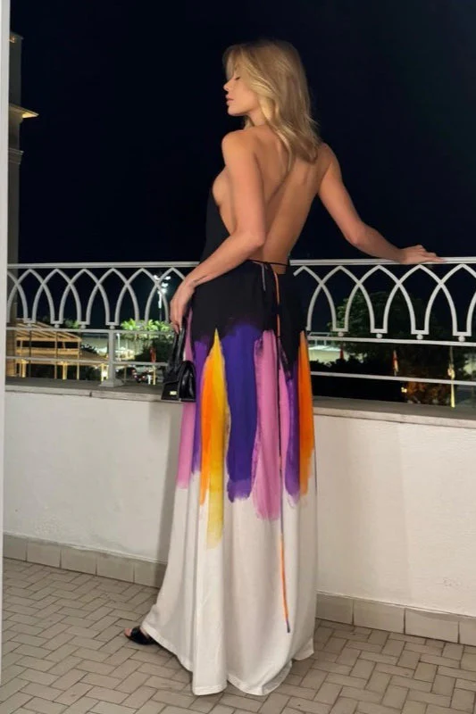 Painted Tie-Back Sleeveless Backless Fitted Bodycon Maxi Dress - Image 3