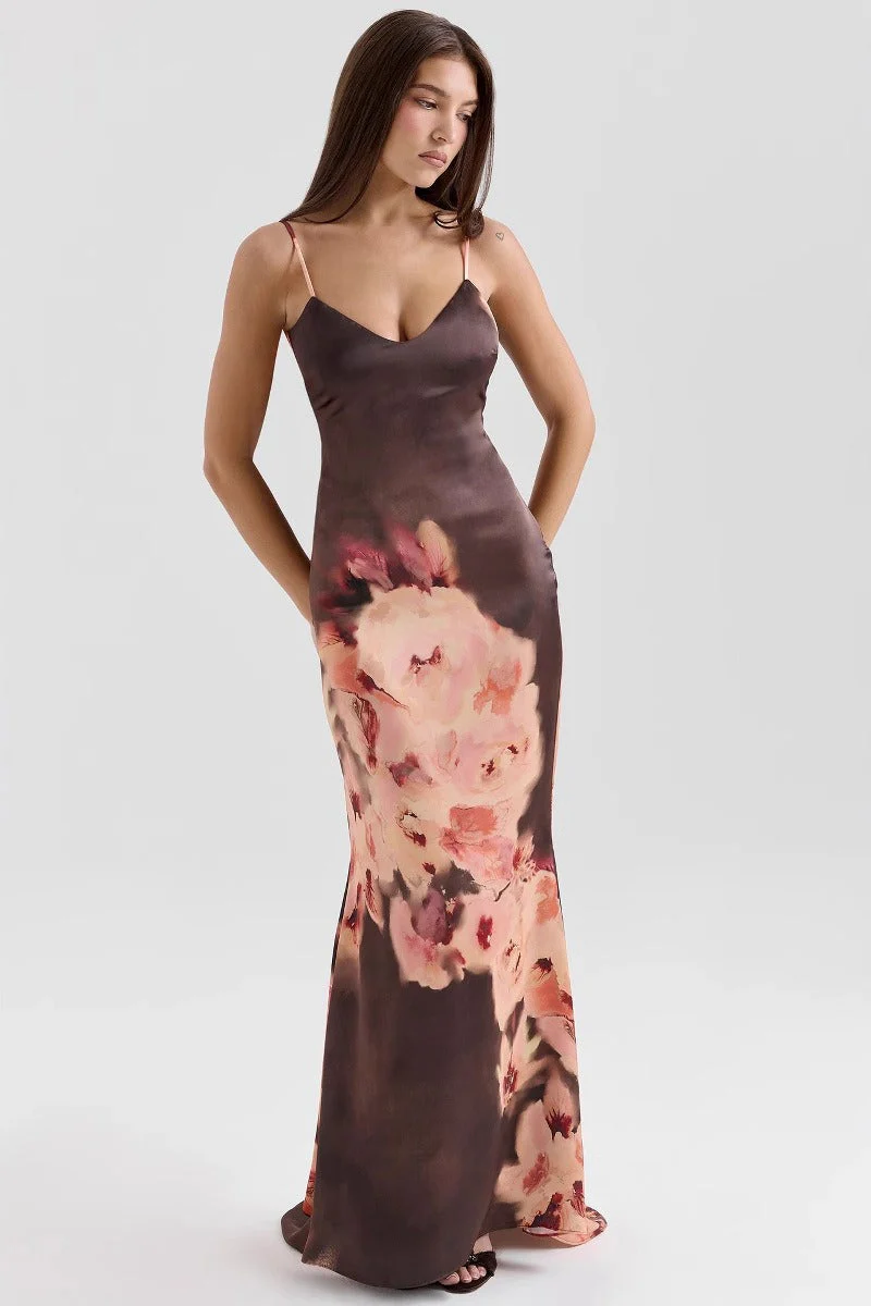 Floral Spaghetti Strap V-Neck Backless Waist Tie Maxi Dress - Image 3