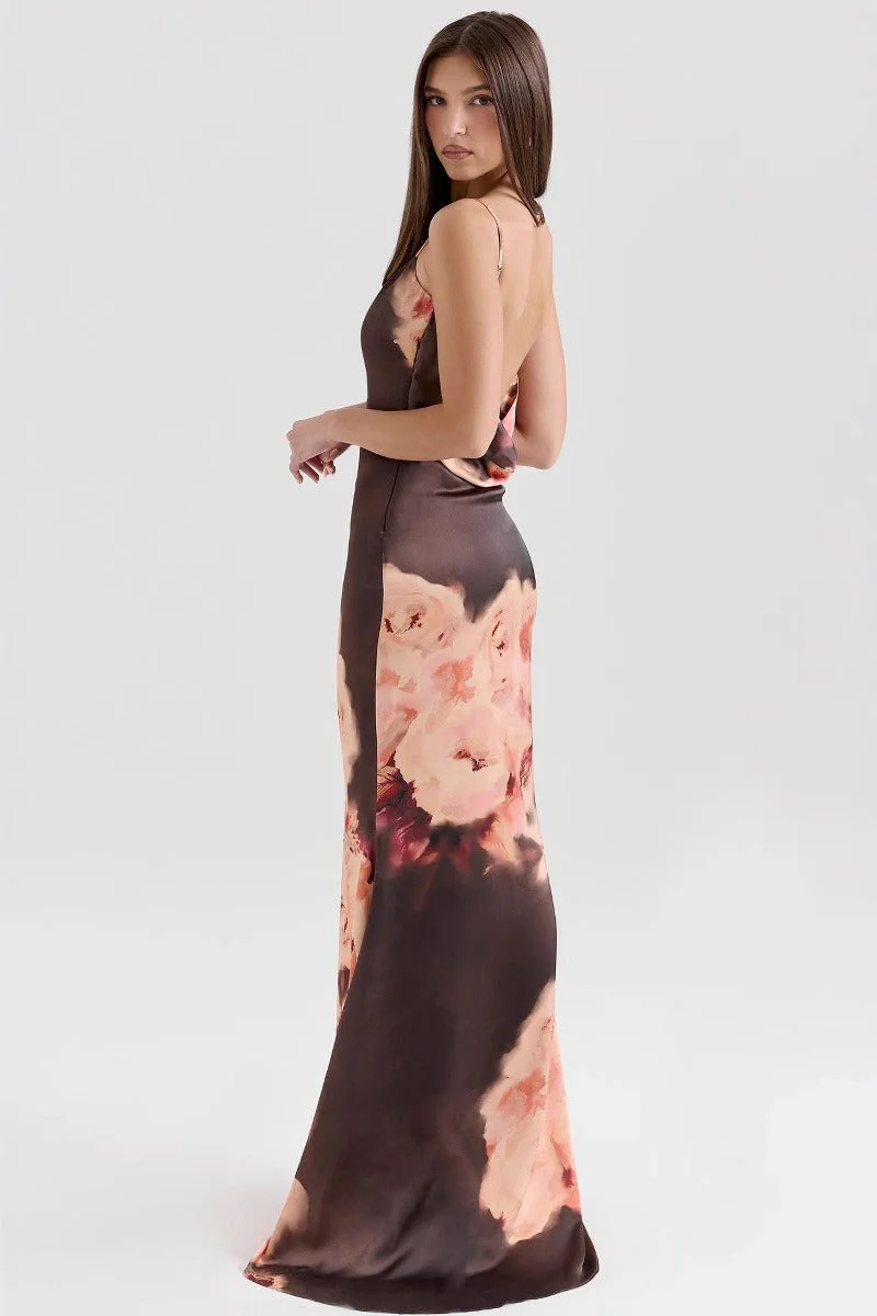 Floral Spaghetti Strap V-Neck Backless Waist Tie Maxi Dress - Image 4