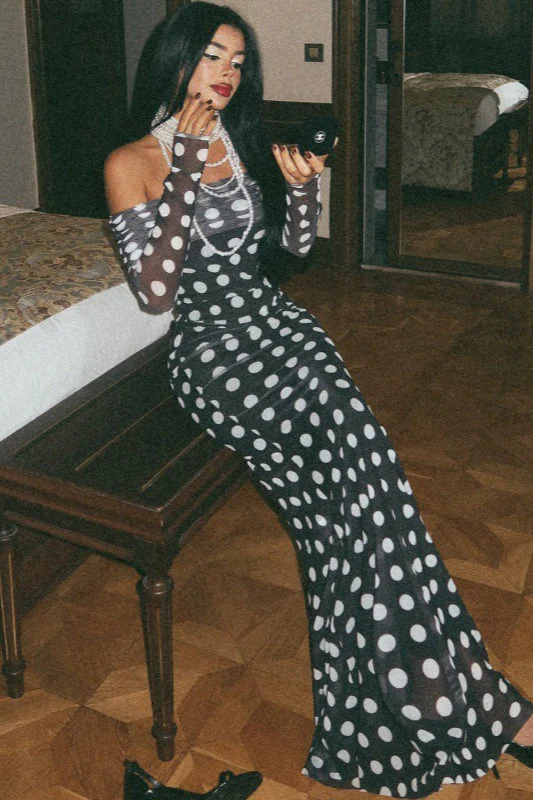 Off-Shoulder Long Sleeve Mesh Ruched Polka Dot Maxi Dress - Image 2