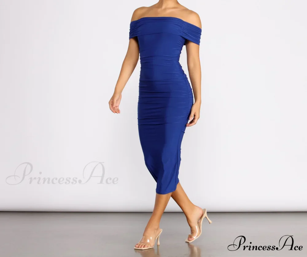 Off Shoulder Stylish Ruched Midi Dress - Image 8