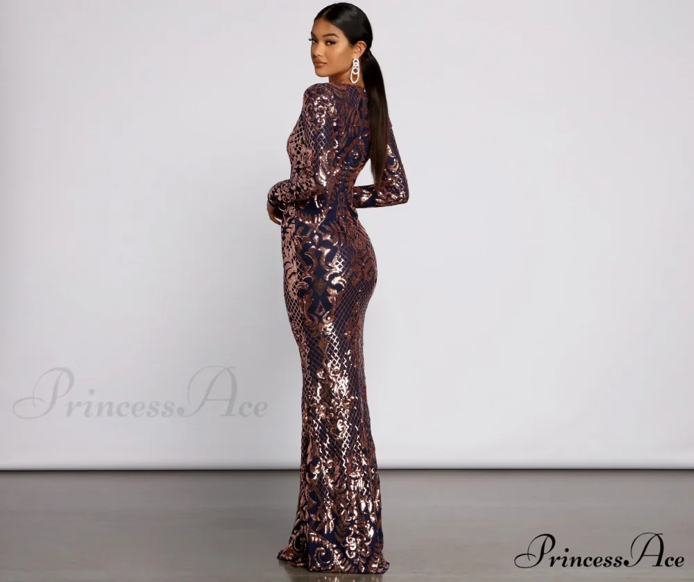 Ayla Formal Long Charming Sleeve Sequin Scroll Dress - Image 2