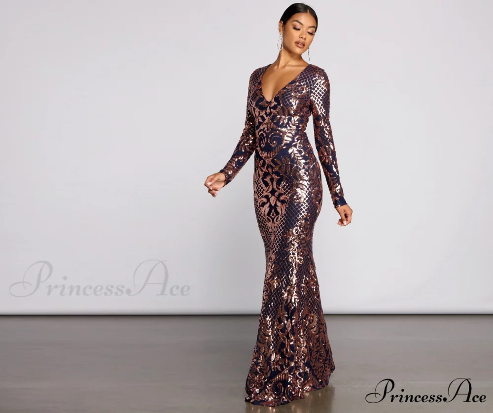 Ayla Formal Long Charming Sleeve Sequin Scroll Dress - Image 3