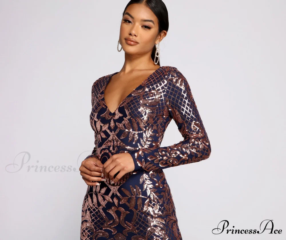 Ayla Formal Long Charming Sleeve Sequin Scroll Dress - Image 4