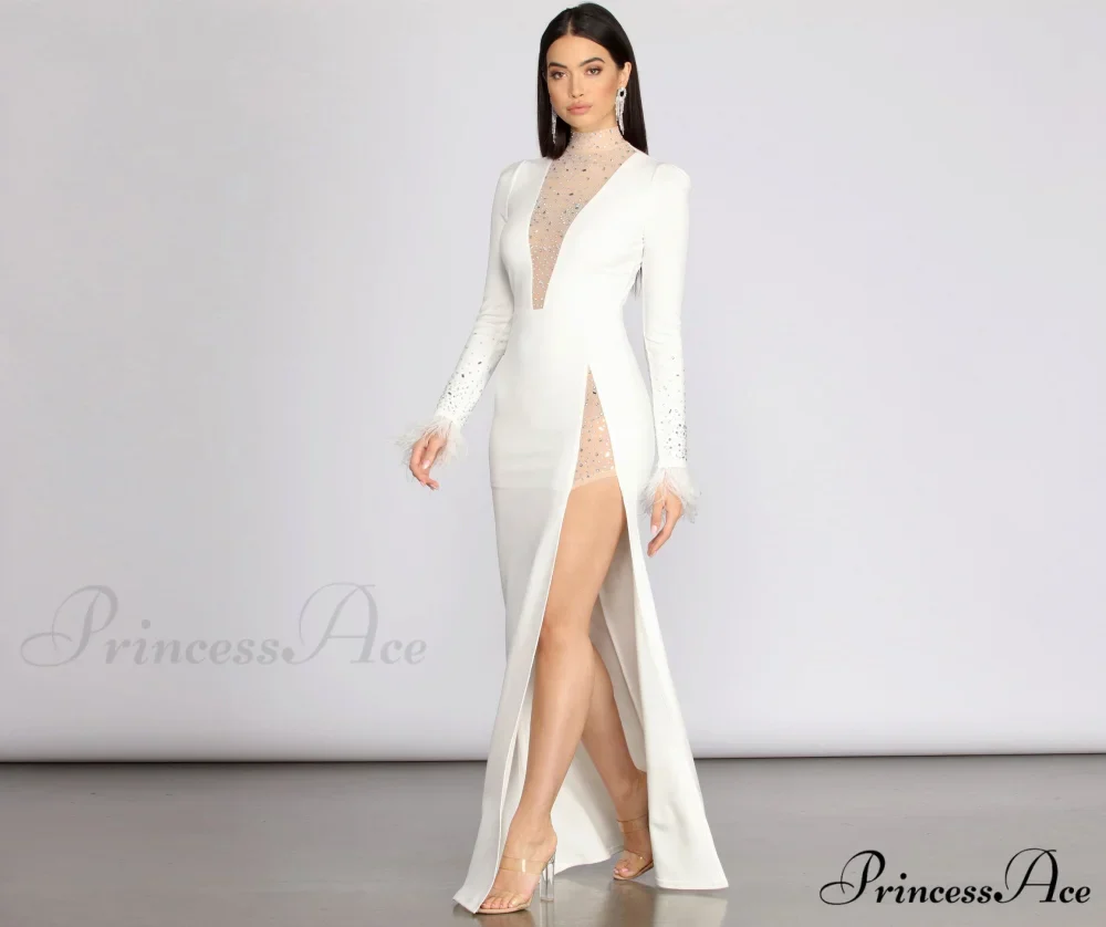 Beka Mesh And Heat Graceful Stone High Slit Dress - Image 4