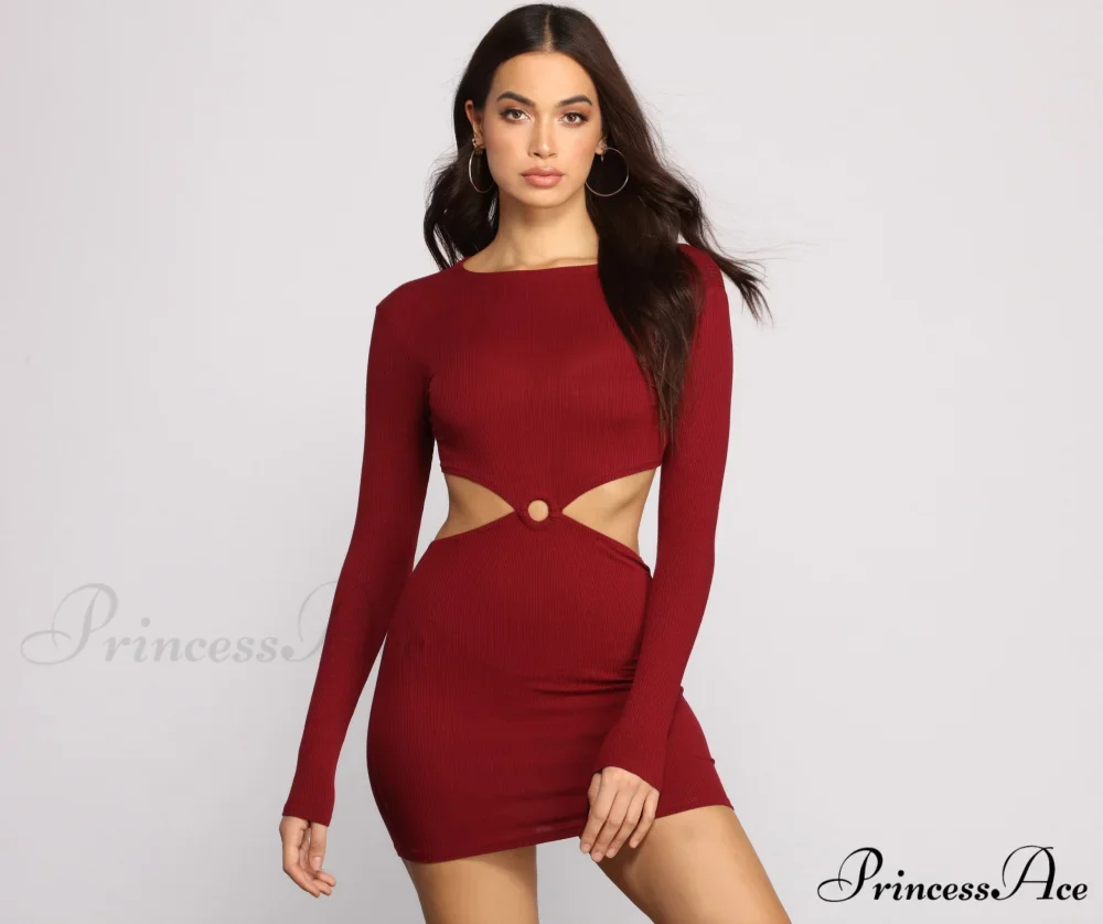 Ribbed Knit Stylish O-Ring Mini Dress - Image 5